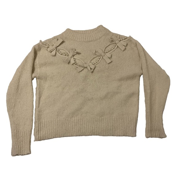 Pearl Sweaters - LC Lizette Collection Sweater Top Womens M Ivory Pearl And Bows Ribbed Knit
